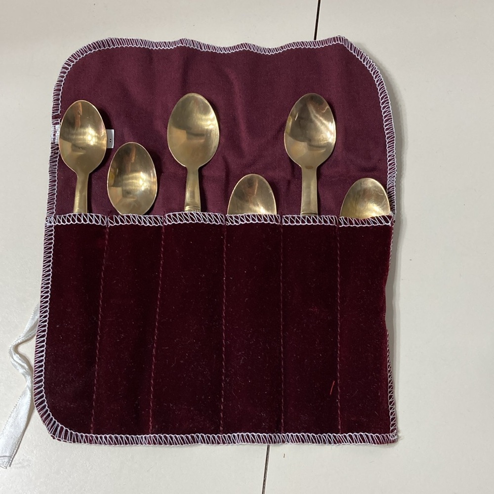 Vintage 6Pc Thailand Brass Gold Demitasse Spoons Wood Handles Maroon Storage Bag